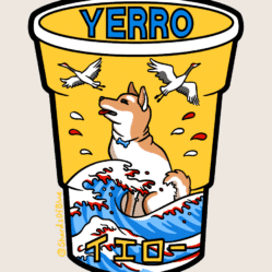 Patch in the shape of a yellow Solo cup. Text says “Yerro” in English and Japanese kana. Imagery is a brown and white Shiba dog behind traditional a Japanese wave with red and white droplets added and cranes flying in the distance.