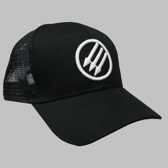 white iron front on black cap