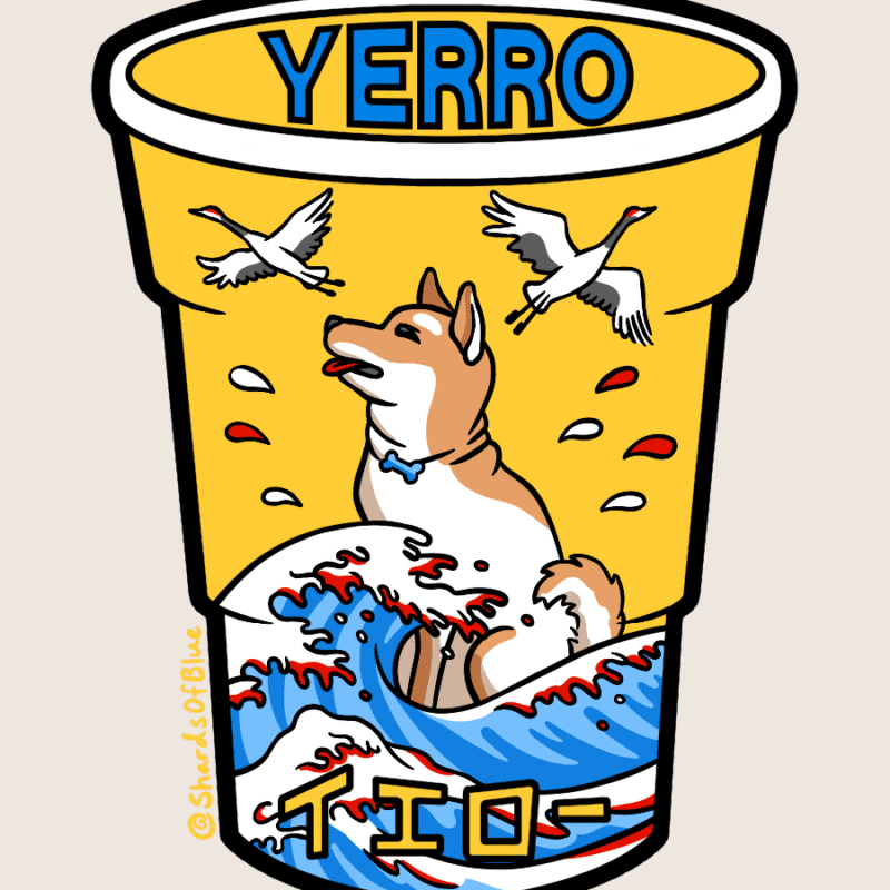 Patch in the shape of a yellow Solo cup. Text says “Yerro” in English and Japanese kana. Imagery is a brown and white Shiba dog behind traditional a Japanese wave with red and white droplets added and cranes flying in the distance.