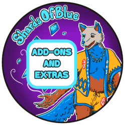 Add ons and Extras. Icon with the name of the shop, "Shards Of Blue", and an anthropomorphic Australian Sheepdog wearing a yellow and blue happi coat and matching shorts with "OH3" and "Saturday" written on them. He's magically levitating a number of blue shards in one hand.