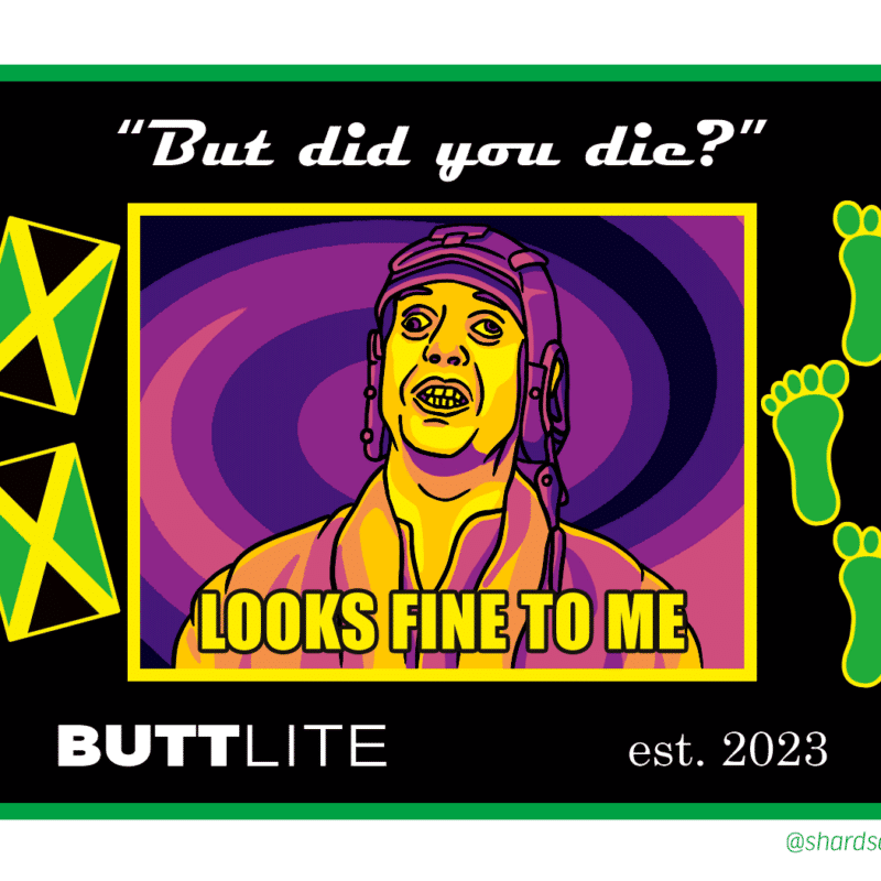 Rectangular patch for ButtLite, showing a psychedelic, cell-shaded version of the John Cena 'looks fine to me' meme. Also includes Jamaican flags, on-on feet, name and year, and "But did you die?"