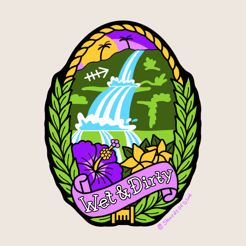 Oval cutout patch showing a waterfall scene wreathed in laurels and flowers.